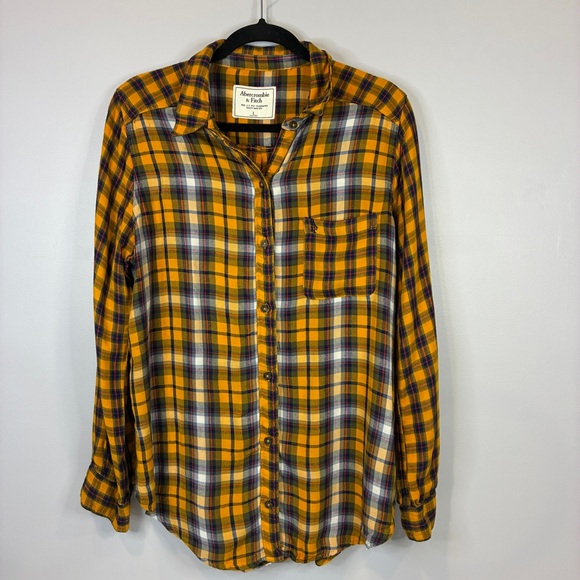 Abercrombie‎ Fitch Womens L Rust Orange Blue Plaid Shirt Casual Classic Weekend - Picture 2 of 10